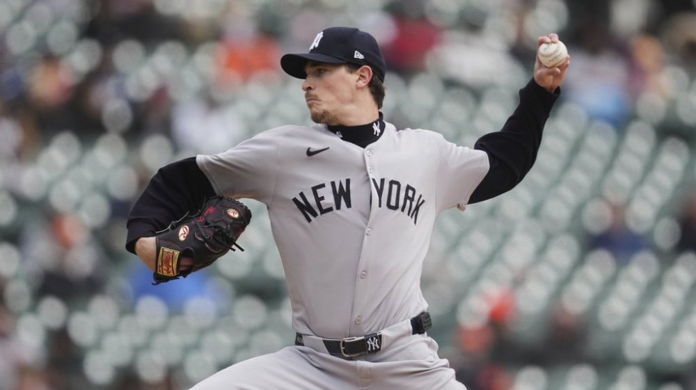 New York Yankees pitcher Max Fried throws against the Detroit Tigers in the first inning during a baseball game, Wednesday, April 9, 2025, in Detroit. (AP Photo/Paul Sancya)