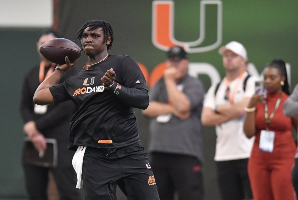 Miami quarterback Cam Ward throws during the school's NFL football pro day Monday, March 24, 2025, in Coral Gables, Fla. (AP Photo/Michael Laughlin)