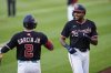 Washington Nationals' James Wood, right, celebrates with Luis Garcia Jr. (2) after hitting a home run during the first inning of a baseball game against the Baltimore Orioles, Wednesday, April 23, 2025, in Washington. (AP Photo/Stephanie Scarbrough)