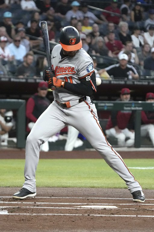Baltimore Orioles' Jordan Westburg gets hit by the pitch against the Arizona Diamondbacks in the first inning during a baseball game, Tuesday, April 8, 2025, in Phoenix. (AP Photo/Rick Scuteri)