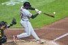 Cleveland Guardians' Jhonkensy Noel doubles off Pittsburgh Pirates pitcher Kyle Nicolas, driving in two runs, in the seventh inning of of a baseball game in Pittsburgh, Friday, April 18, 2025. (AP Photo/Gene J. Puskar)