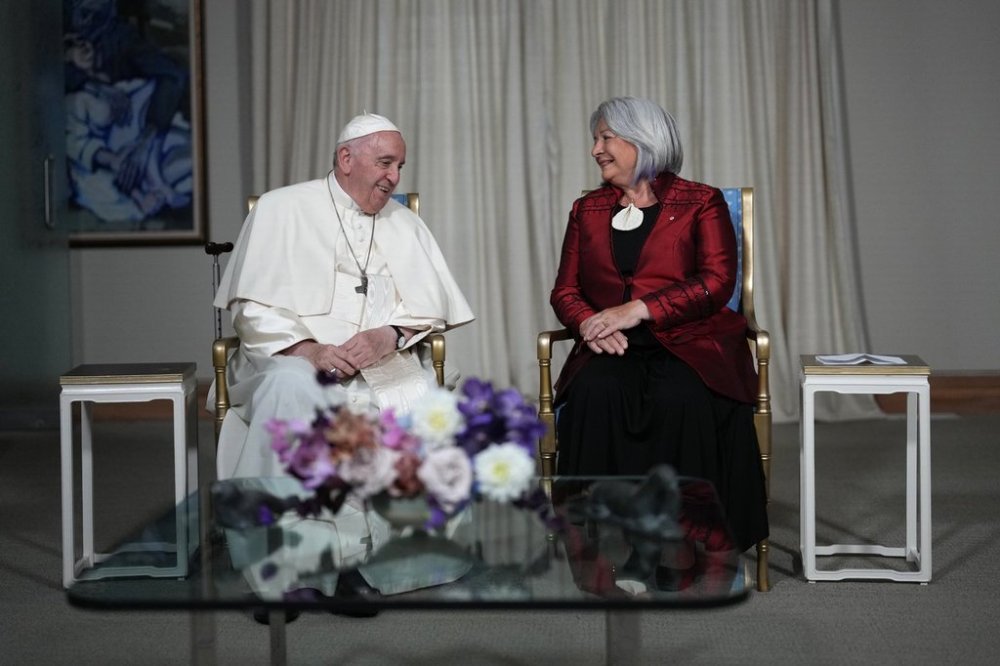 Pope Francis meets with Gov.-Gen. Mary Simon at the Citadelle during his papal visit across Canada in Quebec City on Wednesday, July 27, 2022. THE CANADIAN PRESS/Nathan Denette