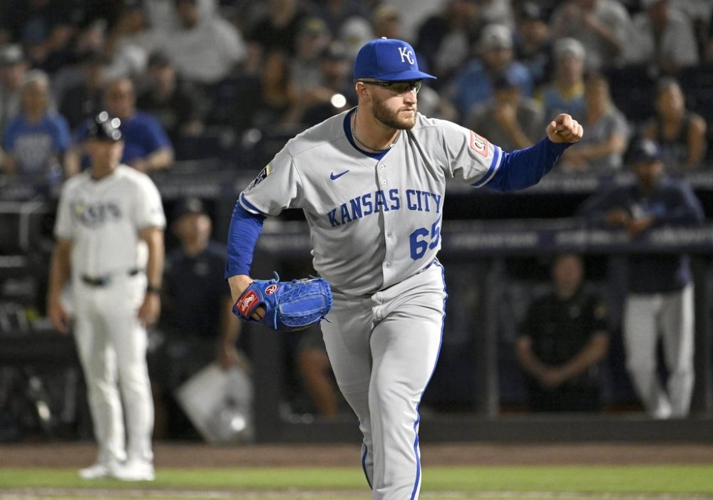 Kansas City Royals pitcher Noah Cameron (65) pumps his fist after striking out Tampa Bay Rays' Junior Caminero (not pictured) to end the sixth inning of a baseball game against the Tampa Bay Rays, Wednesday, April 30, 2025, in Tampa, Fla. (AP Photo/Jason Behnken)