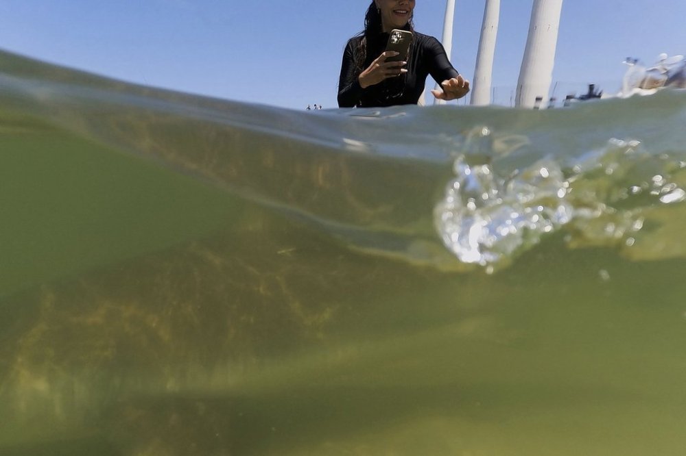 A woman reaches to a shark swimming in Mediterranean Sea in Hadera, Israel, Saturday, April 19, 2025. (AP Photo/Ariel Schalit)