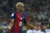 Barcelona's Lamine Yamal celebrates aster his teammate Ferran Torres, scores his side's second goal during the Spanish Copa del Rey final soccer match between Barcelona and Real Madrid at Estadio de La Cartuja stadium in Seville, Spain, Saturday, April 26, 2025. (AP Photo/Joan Monfort)