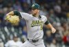 Athletics starting pitcher Jeffrey Springs throws to the Milwaukee Brewers during the first inning of a baseball game, Sunday, April 20, 2025, in Milwaukee. (AP Photo/Jeffrey Phelps)