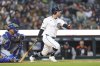 Detroit Tigers' Kerry Carpenter hits a double against the Kansas City Royals in the fifth inning during a baseball game, Thursday, April 17, 2025, in Detroit. (AP Photo/Paul Sancya)
