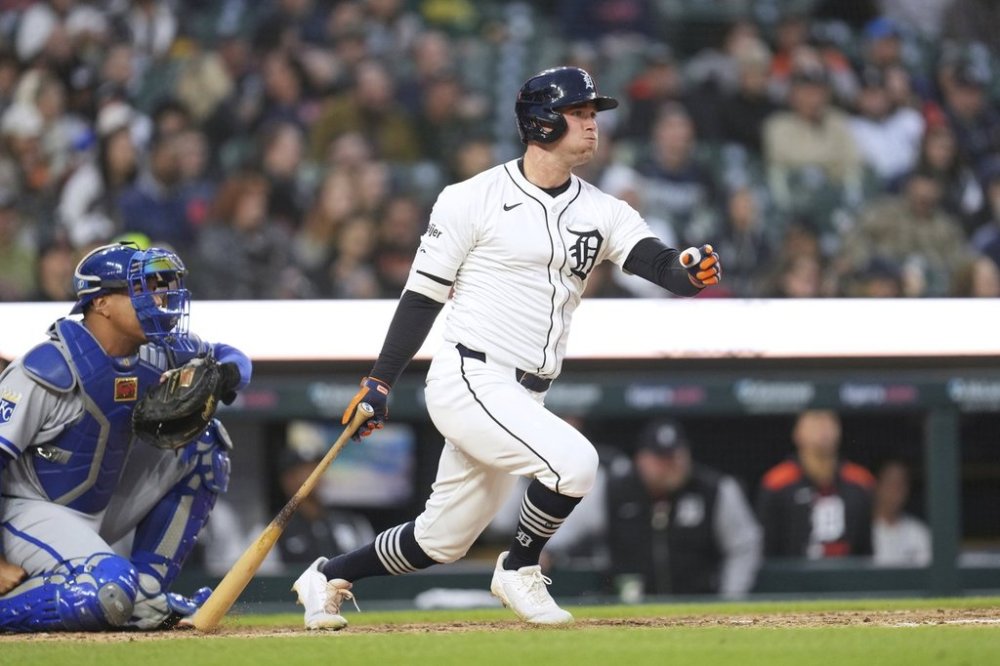 Detroit Tigers' Kerry Carpenter hits a double against the Kansas City Royals in the fifth inning during a baseball game, Thursday, April 17, 2025, in Detroit. (AP Photo/Paul Sancya)