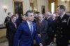 Defense Secretary Pete Hegseth departs the Commander-in-Chief trophy presentation to the Navy Midshipman football team in the East Room of the White House, Tuesday, April 15, 2025, in Washington. (AP Photo/Alex Brandon)