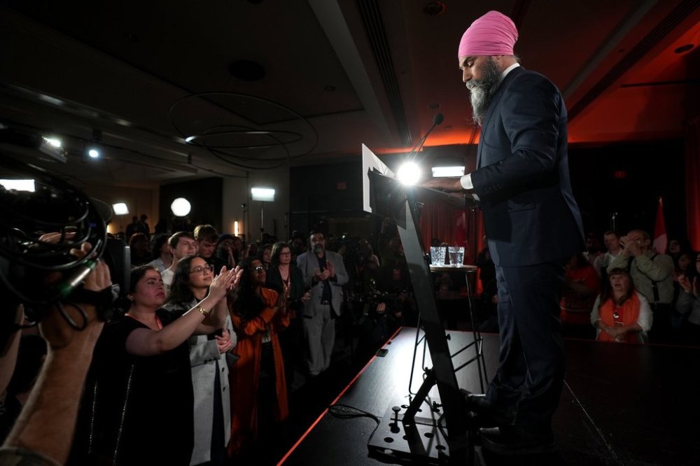 New Democratic Party Leader Jagmeet Singh addresses supporters at his campaign headquarters on election night, in Burnaby, B.C., Monday, April 28, 2025. THE CANADIAN PRESS/Darryl Dyck