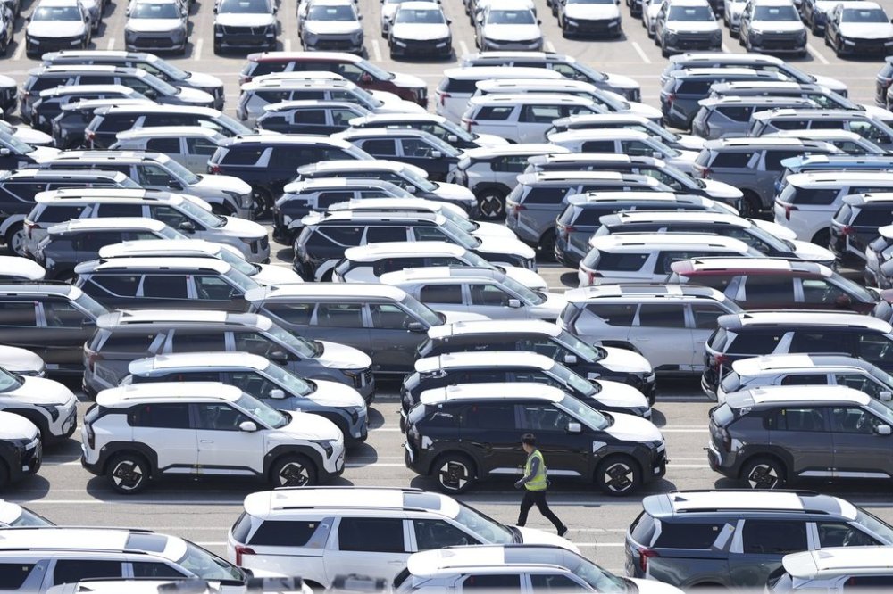 Vehicles for export are parked at a port in Pyeongtaek, South Korea, Tuesday, April 15, 2025. (AP Photo/Lee Jin-man)