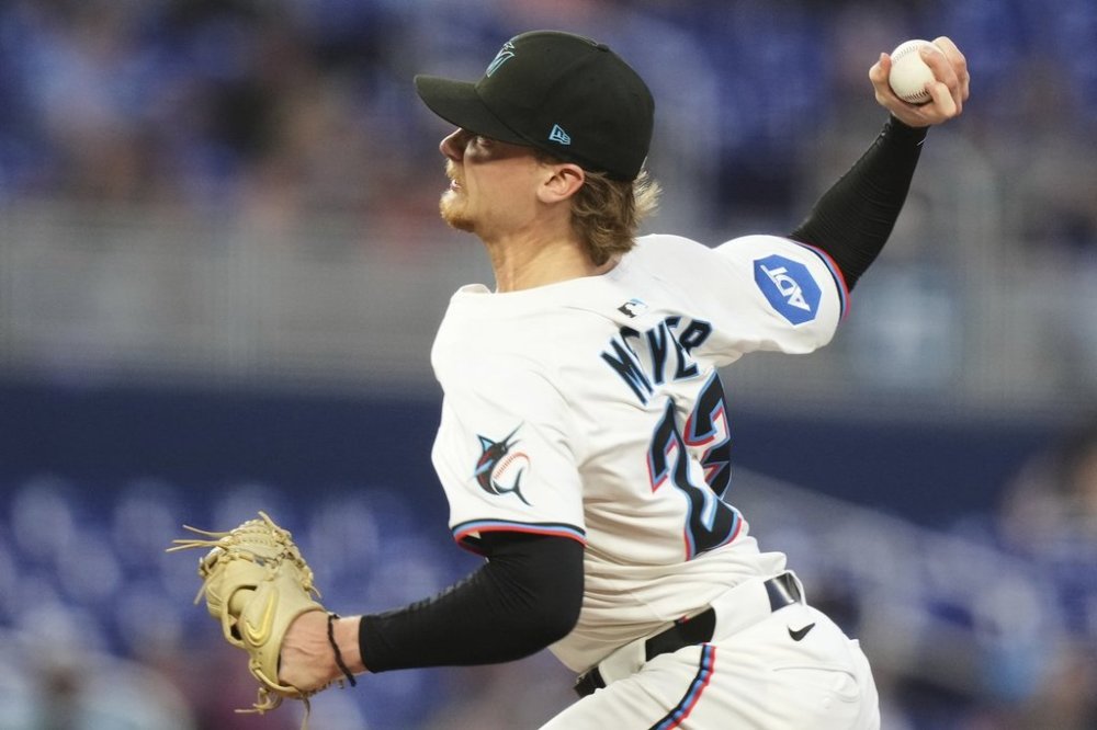 Miami Marlins starting pitcher Max Meyer (23) throws during the fourth inning of a baseball game against the Cincinnati Reds, Monday, April 21, 2025, in Miami. (AP Photo/Lynne Sladky)