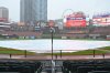Water collects on the tarp as rain falls at Busch Stadium where the baseball between the St. Louis Cardinals and the New York Mets was postponed, Saturday, May 3, 2025, in St. Louis, for a doubleheader on Sunday. (AP Photo/Joe Puetz)