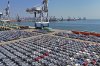 An aerial view of new cars waiting for shipment at a pier for ro-ro ships in Yantai city in eastern China's Shandong province Sunday, March 30, 2025. (Chinatopix Via AP) CHINA OUT