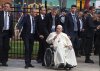 Pope Francis waves as he leaves the Sacred Heart Church of the First People, in Edmonton, during his Papal visit across Canada on Monday July 25, 2022.  THE CANADIAN PRESS/Jason Franson