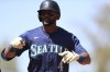 Seattle Mariners' Leody Taveras reacts after hitting a single that scores a run against the Athletics during the eighth inning of a baseball game Wednesday, May 7, 2025, in West Sacramento, Calif. (AP Photo/Scott Marshall)