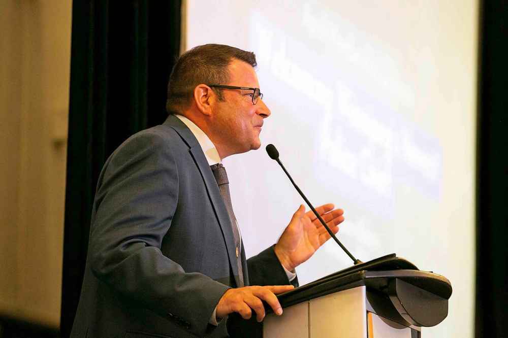 BROOK JONES / FREE PRESS
Gene Bowers spoke to a ballroom full of private-sector executives Thursday afternoon.