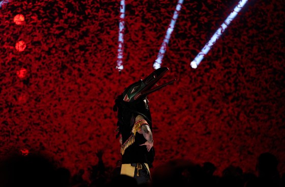 A First Nations artist performs with Snotty Nose Rez Kids during the Juno Awards, in Vancouver on Sunday. (Ethan Cairns / Canadian Press files)