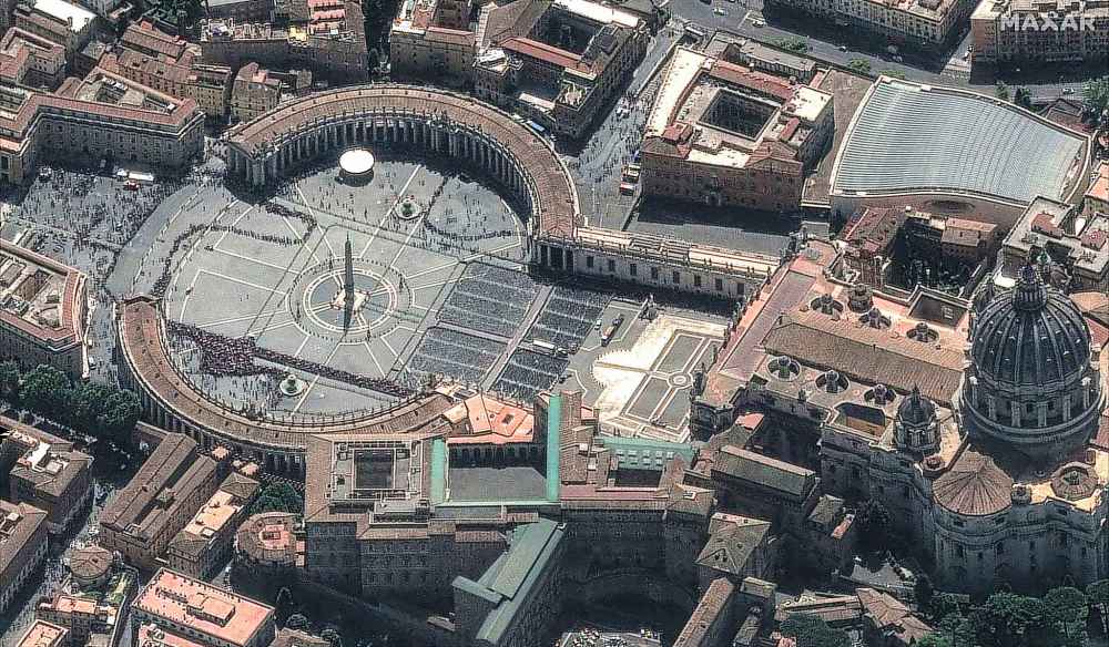 Thousands of people queue as they wait to enter St. Peter’s Basilica to pay their respects to late Pope Francis, who is lying in state before his funeral on Saturday, at the Vatican City, Wednesday April 23, 2025. (Maxar Technologies via AP)