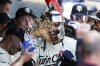 Minnesota Twins' Edouard Julien celebrates his solo home run during the sixth inning of a baseball game against the Detroit Tigers Sunday, April 13, 2025, in Minneapolis. (AP Photo/Matt Krohn)