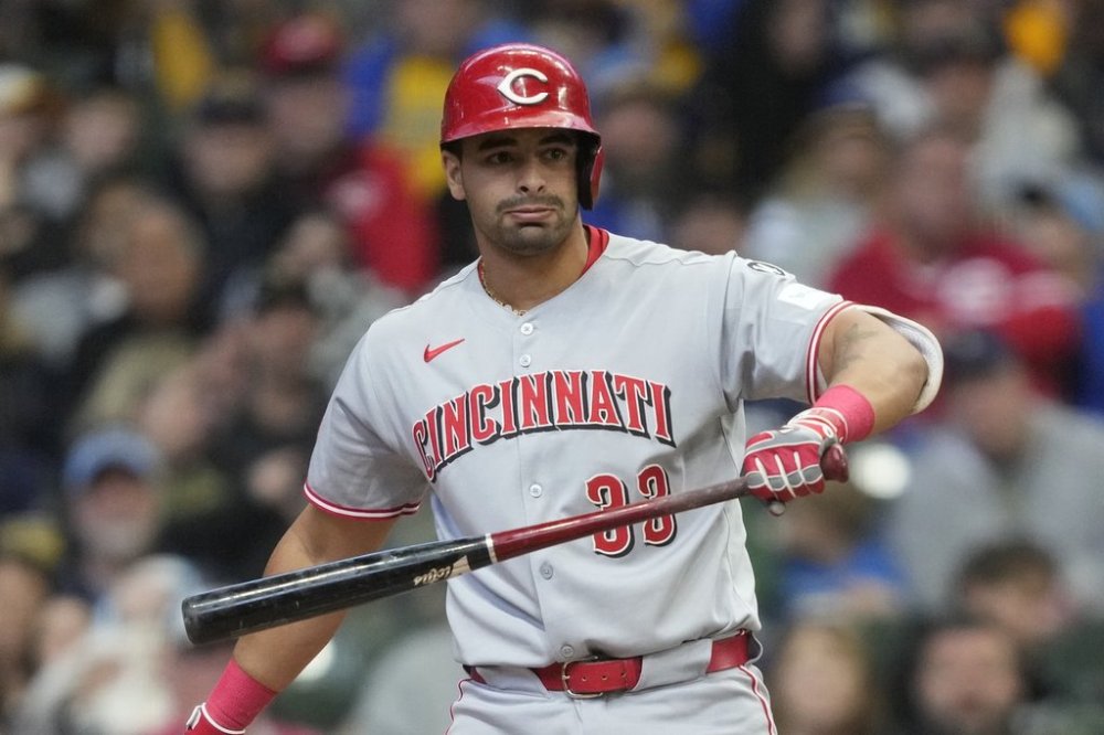Cincinnati Reds' Christian Encarnacion-Strand reacts after striking out during the fourth inning of a baseball game against the Milwaukee Brewers, Sunday, April 6, 2025, in Milwaukee. (AP Photo/Aaron Gash)