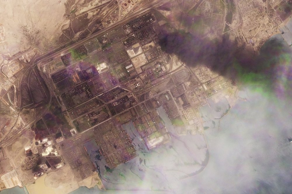 This satellite photo from Planet Labs PBC shows the Shahid Rajaei port near Bandar Abbas, Iran, Sunday, April 27, 2025. (Planet Labs PBC via AP)