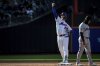 New York Mets' Pete Alonso (20) celebrates getting a double during the third inning of a baseball game against the Miami Marlins, Tuesday, April 8, 2025, in New York. (AP Photo/Angelina Katsanis)