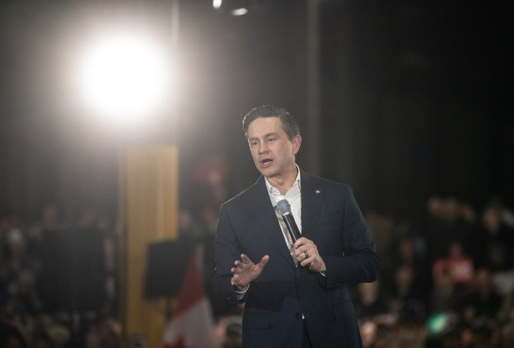 Conservative Party Leader Pierre Poilievre speaks at a rally during a campaign stop in Edmonton on April 7, 2025. The party leaders are on the campaign trail making promises to Canadian voters, who will go to the polls on April 28. THE CANADIAN PRESS/Jason Franson