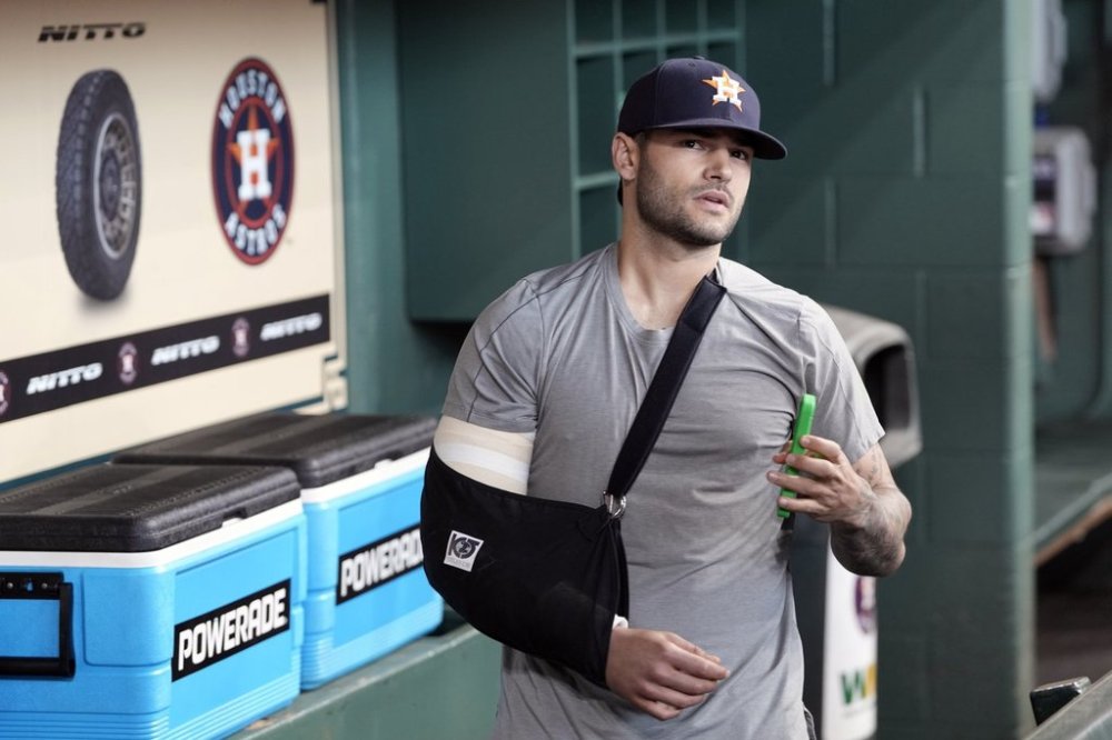 FILE - Houston Astros pitcher Lance McCullers Jr. waits to talk with the media Saturday, June 17, 2023, in Houston, after surgery on his pitching arm earlier in the week. (AP Photo/David J. Phillip, File)
