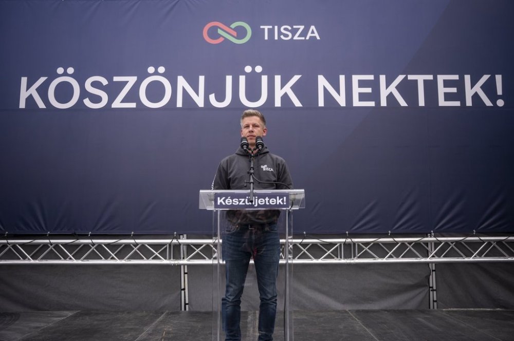 Leader of the Hungarian opposition Tisza Party Peter Magyar speaks to supporters before the results of the party's public survey entitled 'Voice of the Nation' is announced in Budapest, Hungary, Sunday, April 13, 2025. (Zoltan Balogh/MTI via AP)