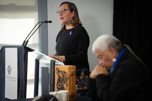Dr. Cornelia (Nel) Wieman, First Nations Health Authority Chief Medical Officer, left, speaks as Wayne Christian (Wenecwtsin), First Nations Health Council Deputy Chair, right, listens during a news conference in North Vancouver, on Monday, April 14, 2025. THE CANADIAN PRESS/Ethan Cairns