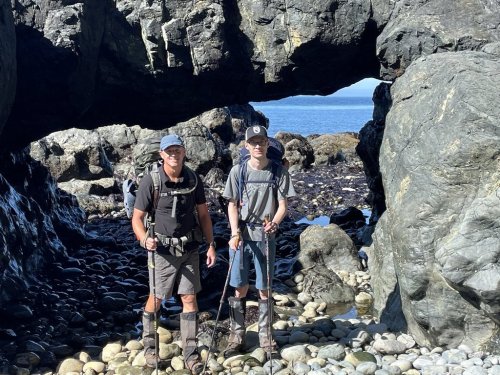 Hikers Jason Lindsay and son Cole Kosowan are pictured on a section of the Juan de Fuca Trail on Vancouver Island in 2021. THE CANADIAN PRESS/HO Neil Miller **MANDATORY HANDOUT**