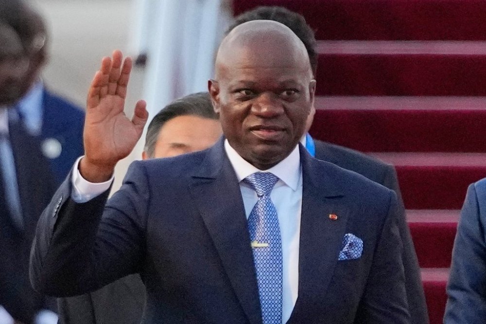 FILE - Gabon's President Brice Clotaire Oligui Nguema arrives at Beijing Capital International Airport in Beijing, China, Sunday, Sept. 1, 2024, ahead of the Summit of the Forum on China-Africa Cooperation (FOCAC). (Ken Ishii/Pool Photo via AP, File)