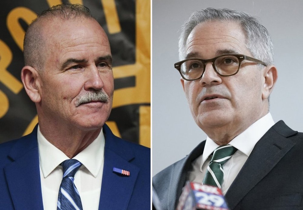 In this combination photo, judge Patrick Dugan speaks, March 31, 2025, in Philadelphia, left, and Philadelphia District Attorney Larry Krasner speaks during a news conference in Philadelphia, Jan. 31, 2022. (AP Photo)