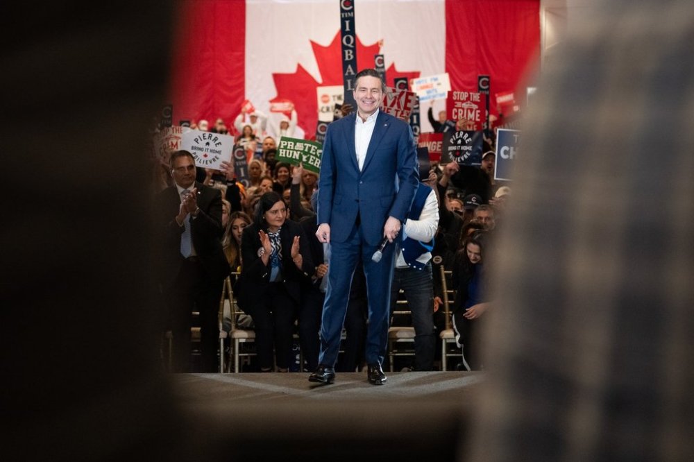 Conservative Party Leader Pierre Poilievre speaks to the crowd at an election campaign event in Brampton, Ont., on Wednesday, April 9, 2025. THE CANADIAN PRESS/Arlyn McAdorey