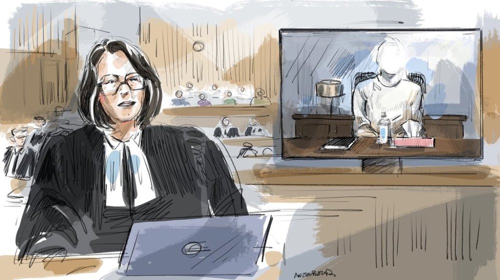 Crown Meaghan Cunningham, and the complainant, depicted in video conference, are seen in a courtroom sketch in London, Ont., Friday, May 2, 2025. THE CANADIAN PRESS/Alexandra Newbould