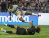 Vancouver Whitecaps' Emmanuel Sabbi (top) jumps over Inter Miami's Maximiliano Falcon during the second half of a CONCACAF Champions Cup semifinal soccer match, in Vancouver, on Thursday, April 24, 2025. THE CANADIAN PRESS/Christopher Morris