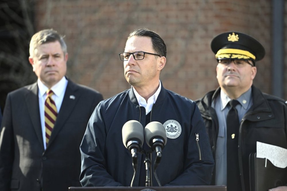 Pennsylvania Gov. Josh Shapiro pauses during a news conference at the governor's official residence discussing the alleged arson that forced him, his family and guests to flee in the middle of the night on the Jewish holiday of Passover, Sunday, Apr. 13, 2025, in Harrisburg, Pa. (AP Photo/Marc Levy)