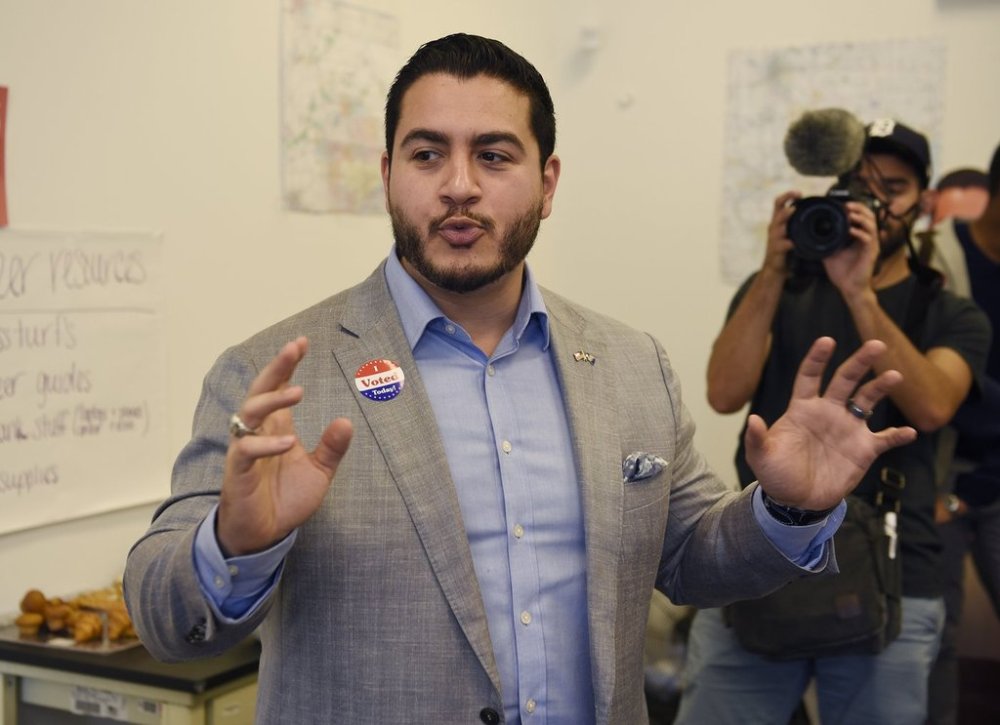 FILE - Abdul El-Sayed, Democratic candidate for Michigan governor, visits his Detroit field office to thank all of the volunteers for their hard work on the campaign, Aug.7, 2018, in Detroit. (Clarence Tabb Jr./Detroit News via AP, File)