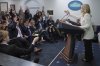 White House press secretary Karoline Leavitt speaks with reporters in the James Brady Press Briefing Room at the White House, Tuesday, April 8, 2025, in Washington. (AP Photo/Evan Vucci)