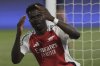 Arsenal's Bukayo Saka reacts during the Champions League semifinal, second leg soccer match between Paris Saint-Germain and Arsenal at the Parc des Princes in Paris, Wednesday, May 7, 2025. (AP Photo/Aurelien Morissard)