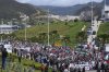 Moroccans protest the docking of a Maersk cargo ship carrying airplane parts they suspect are headed to Israel, outside Tangier Med Port, Sunday, April 20, 2025. (AP Photo/Mosa'ab Elshamy)