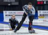 Brett Gallant, right, sweep as Jocelyn Peterman releases a rock against Tyrel Griffith and Nancy Faye Martin in the gold medal game at the Canadian mixed doubles curling championships at Willie O'Ree Place in Fredericton, N.B. on Sunday, March 24, 2019. THE CANADIAN PRESS/Andrew Vaughan