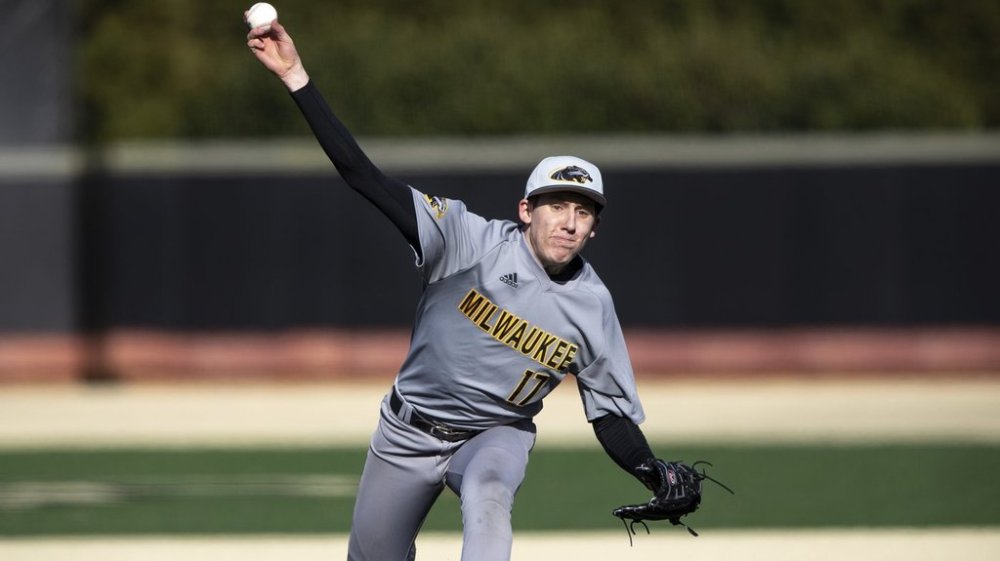 FILE - Milwaukee's AJ Blubaugh pitches during an NCAA baseball game on Feb. 15, 2020, in Winston-Salem, N.C. (AP Photo/Ben McKeown, File)