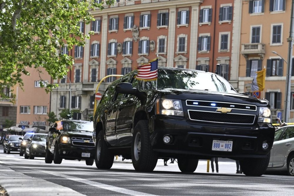 The motorcade of U.S. Vice President JD Vance is seen en route to Vatican, in Rome, Italy, Sunday, April 20, 2025. (Kenny Holston/Pool Photo via AP)