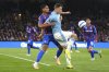 Crystal Palace's Maxence Lacroix, left, and Nottingham Forest's Chris Wood battle for the ball during the English Premier League soccer match between Crystal Palace and Nottingham Forest at Selhurst Park, London, Monday, May 5, 2025. (Bradley Collyer/PA via AP)