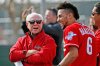 FILE - Cincinnati Reds' Billy Hamilton (9) shares a laugh with Reds executive advisor Walt Jocketty, left, at the Reds' baseball spring training facility Friday, Feb. 17, 2017, in Goodyear, Ariz. (AP Photo/Ross D. Franklin, File)