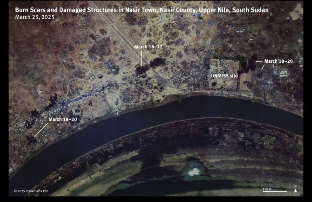 This satellite image provided by Planet Labs dated March 25, 2025, shows locations of damaged structures where airstrikes by government forces destroyed civilian infrastructure in Nasir County, Upper Nile, South Sudan. (Planet Labs via AP)