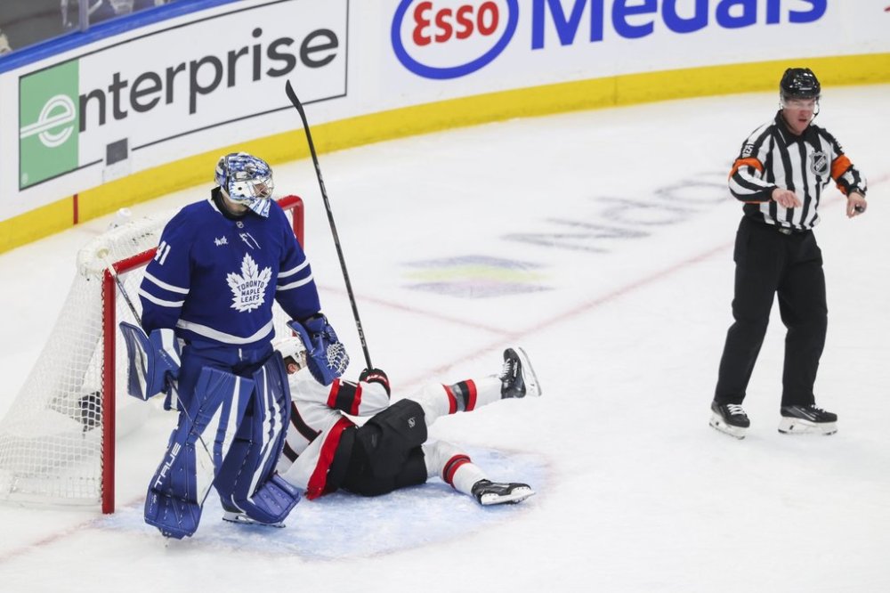 Toronto Maple Leafs goaltender Anthony Stolarz (41) looks toward the referee after an altercation Ottawa Senators centre Ridly Greig (71) during second period NHL playoff action in Toronto on Tuesday, April 22, 2025. THE CANADIAN PRESS/Nick Iwanyshyn