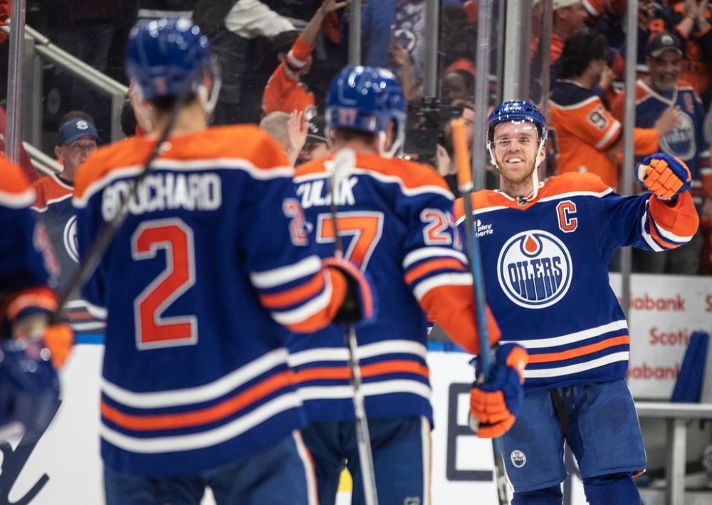 Edmonton Oilers' Connor McDavid (97) celebrates the win with teammates over the Los Angeles Kings during NHL playoff action in Edmonton on Thursday, May 1, 2025. THE CANADIAN PRESS/Jason Franson